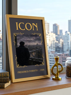 Icon Classic Book Art Print by Frederick Forsyth – framed print on a city-view windowsill