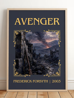 Avenger Classic Book Art Print by Frederick Forsyth – framed print leaning on a wooden floor