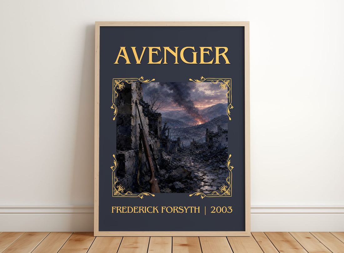 Avenger Classic Book Art Print by Frederick Forsyth – framed print leaning on a wooden floor