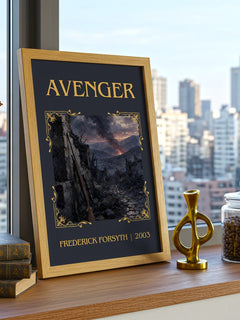Avenger Classic Book Art Print by Frederick Forsyth – framed print on a city-view windowsill