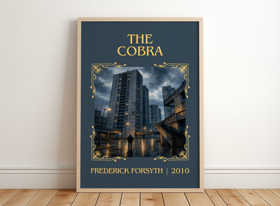 The Cobra Classic Book Art Print by Frederick Forsyth – framed print leaning on a wooden floor