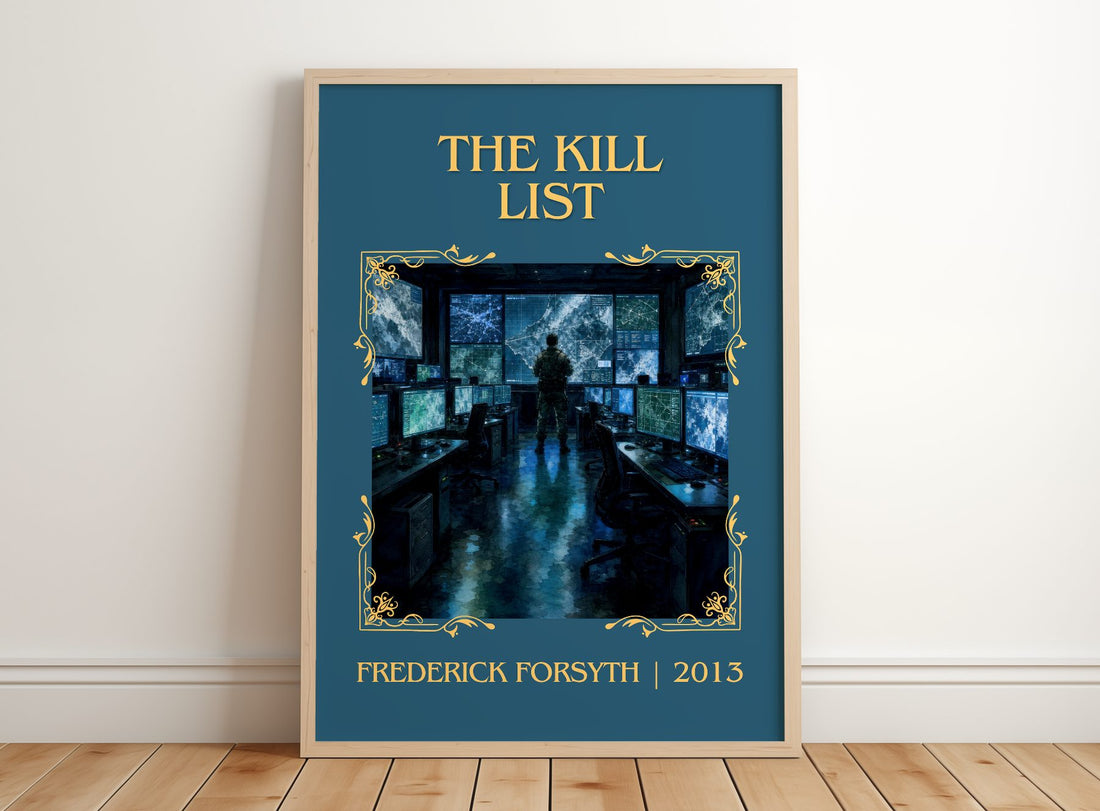 The Kill List Classic Book Art Print by Frederick Forsyth – framed print leaning on a wooden floor
