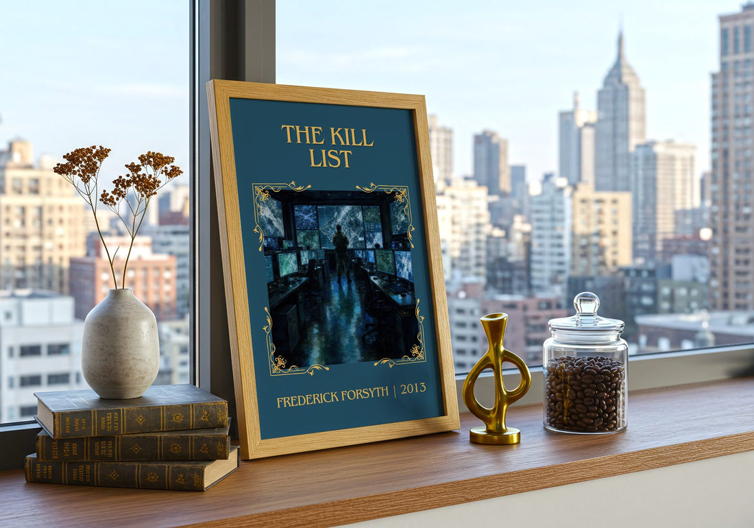 The Kill List Classic Book Art Print by Frederick Forsyth – framed print on a city-view windowsill