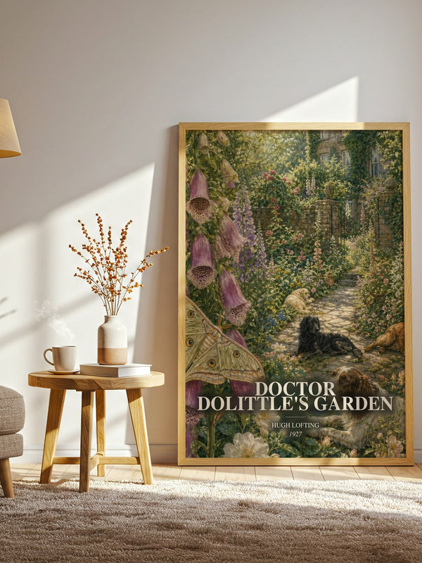 Doctor Dolittle'S Garden watercolour print in frame leaning in hallway – childrens wall art