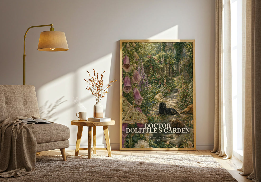 Doctor Dolittle'S Garden watercolour print in frame leaning in hallway – childrens wall art (mockup)
