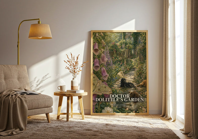 Doctor Dolittle'S Garden watercolour print in frame leaning in hallway – childrens wall art