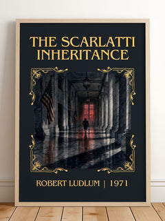 The Scarlatti Inheritance Classic Book Art Print by Robert Ludlum – framed print leaning on a wooden floor