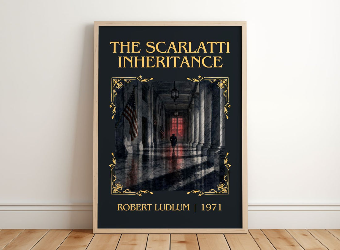 The Scarlatti Inheritance Classic Book Art Print by Robert Ludlum – framed print leaning on a wooden floor