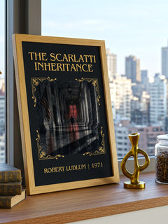 The Scarlatti Inheritance Classic Book Art Print by Robert Ludlum – framed print on a city-view windowsill