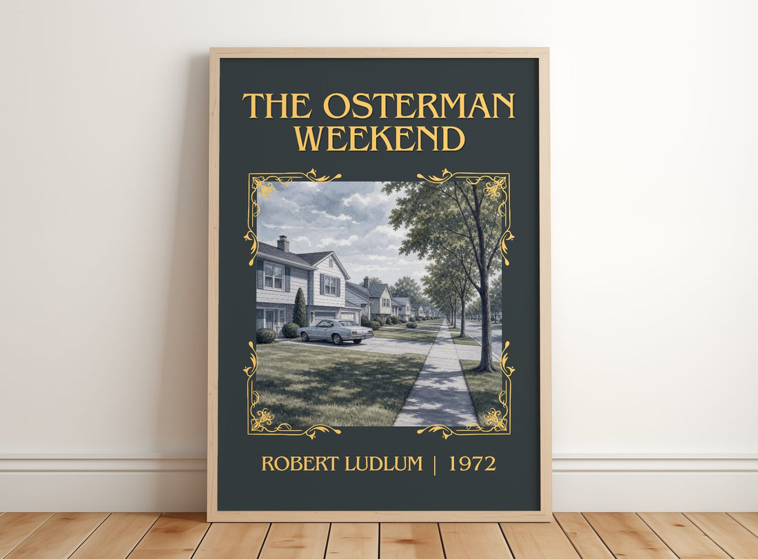 The Osterman Weekend Classic Book Art Print by Robert Ludlum – framed print leaning on a wooden floor