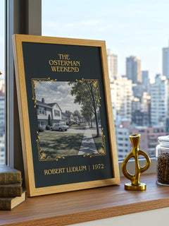 The Osterman Weekend Classic Book Art Print by Robert Ludlum – framed print on a city-view windowsill