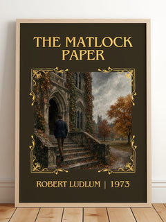 The Matlock Paper Classic Book Art Print by Robert Ludlum – framed print leaning on a wooden floor