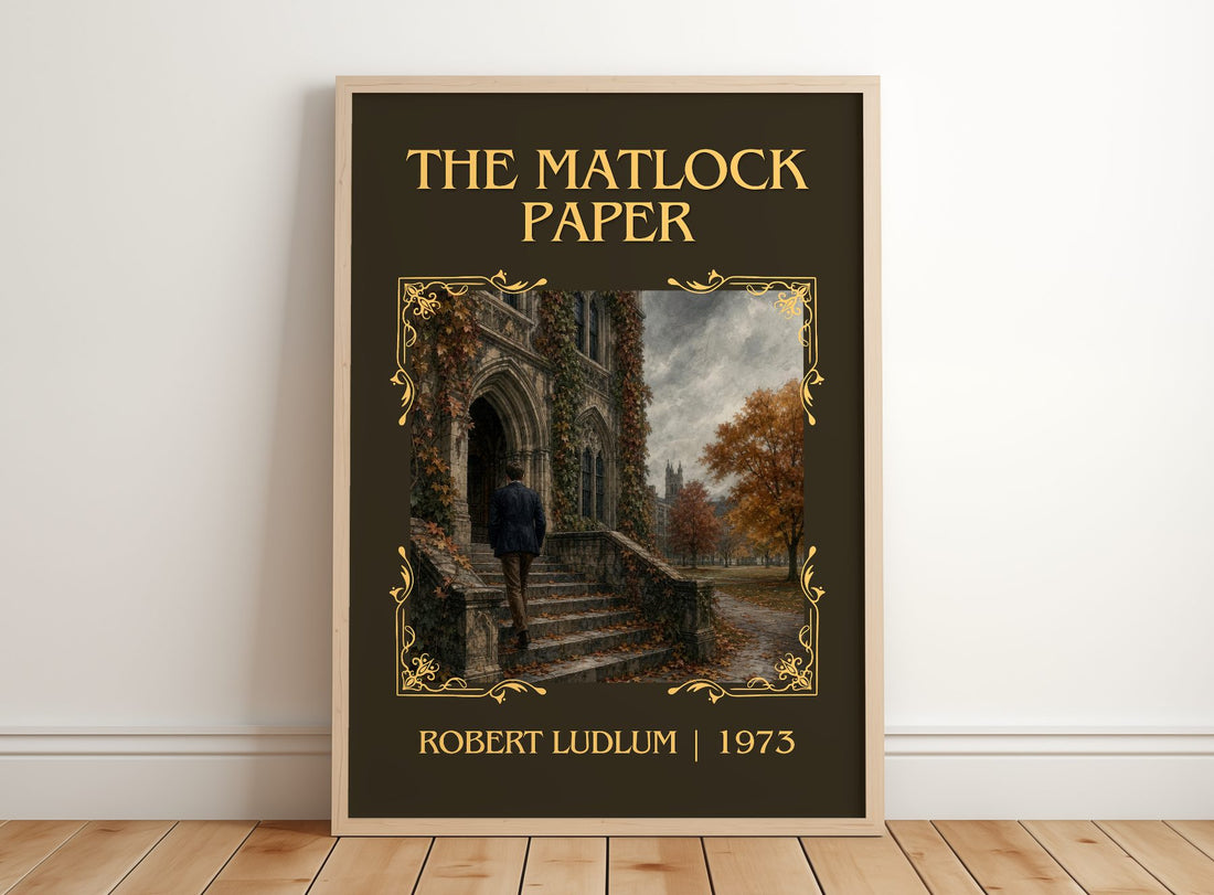 The Matlock Paper Classic Book Art Print by Robert Ludlum – framed print leaning on a wooden floor