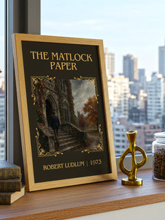 The Matlock Paper Classic Book Art Print by Robert Ludlum – framed print on a city-view windowsill