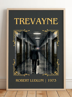Trevayne Classic Book Art Print by Robert Ludlum – framed print leaning on a wooden floor
