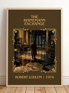 The Rhinemann Exchange Classic Book Art Print by Robert Ludlum – framed print leaning on a wooden floor