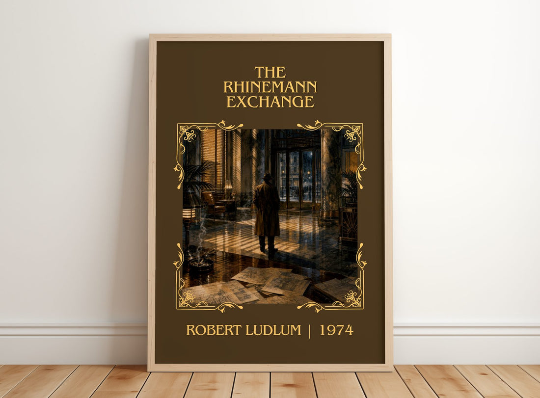 The Rhinemann Exchange Classic Book Art Print by Robert Ludlum – framed print leaning on a wooden floor