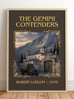 The Gemini Contenders Classic Book Art Print by Robert Ludlum – framed print leaning on a wooden floor