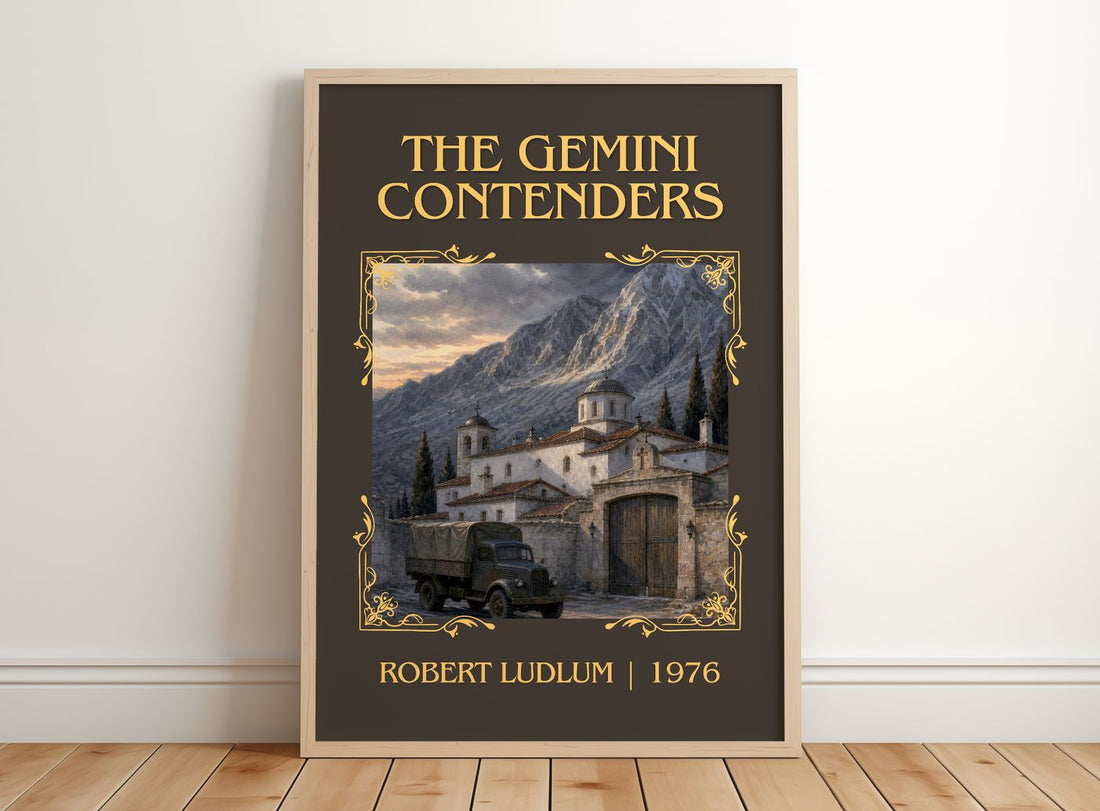 The Gemini Contenders Classic Book Art Print by Robert Ludlum – framed print leaning on a wooden floor