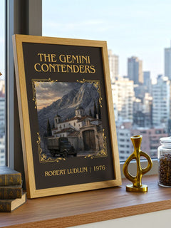 The Gemini Contenders Classic Book Art Print by Robert Ludlum – framed print on a city-view windowsill