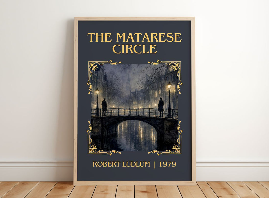 The Matarese Circle Classic Book Art Print by Robert Ludlum – framed print leaning on a wooden floor