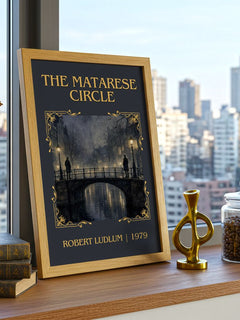 The Matarese Circle Classic Book Art Print by Robert Ludlum – framed print on a city-view windowsill