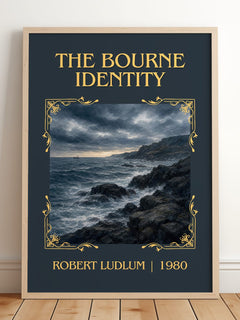 The Bourne Identity Classic Book Art Print by Robert Ludlum – framed print leaning on a wooden floor