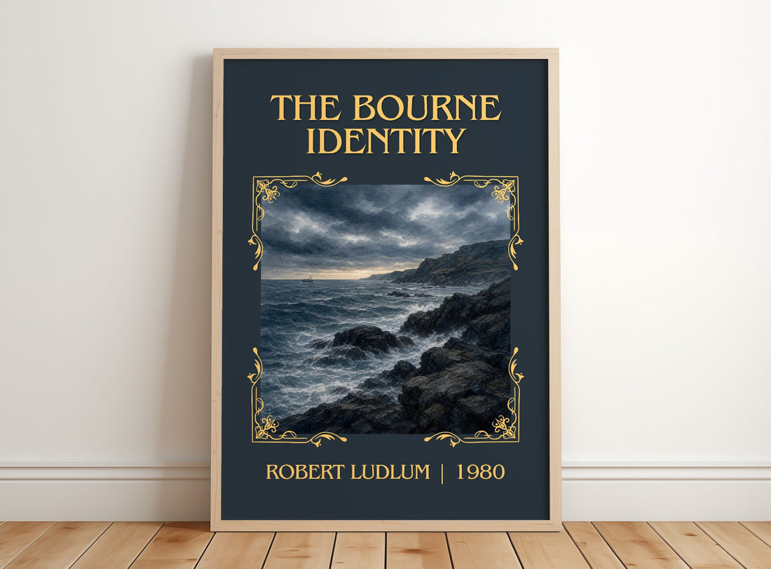 The Bourne Identity Classic Book Art Print by Robert Ludlum – framed print leaning on a wooden floor