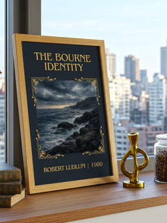 The Bourne Identity Classic Book Art Print by Robert Ludlum – framed print on a city-view windowsill