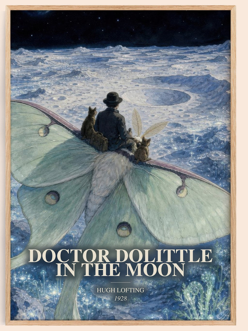 Doctor Dolittle In The Moon watercolour book poster by Hugh Lofting – framed literary art print