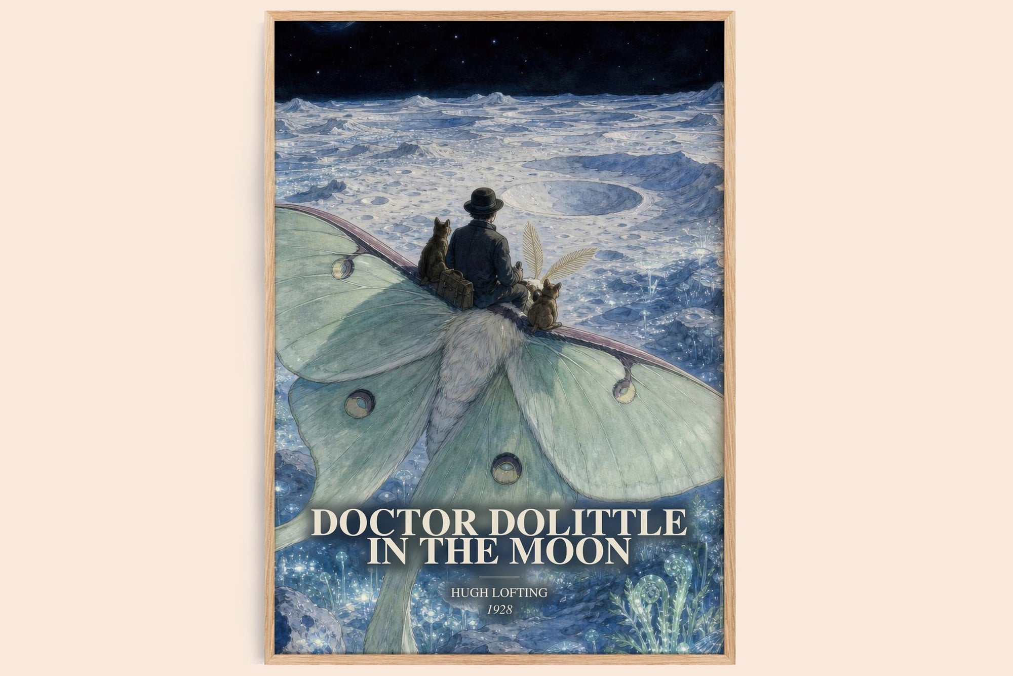 Doctor Dolittle In The Moon watercolour book poster by Hugh Lofting – framed literary art print