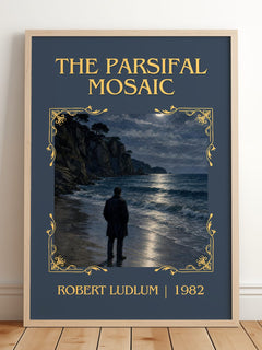 The Parsifal Mosaic Classic Book Art Print by Robert Ludlum – framed print leaning on a wooden floor