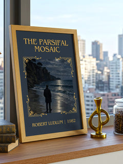 The Parsifal Mosaic Classic Book Art Print by Robert Ludlum – framed print on a city-view windowsill