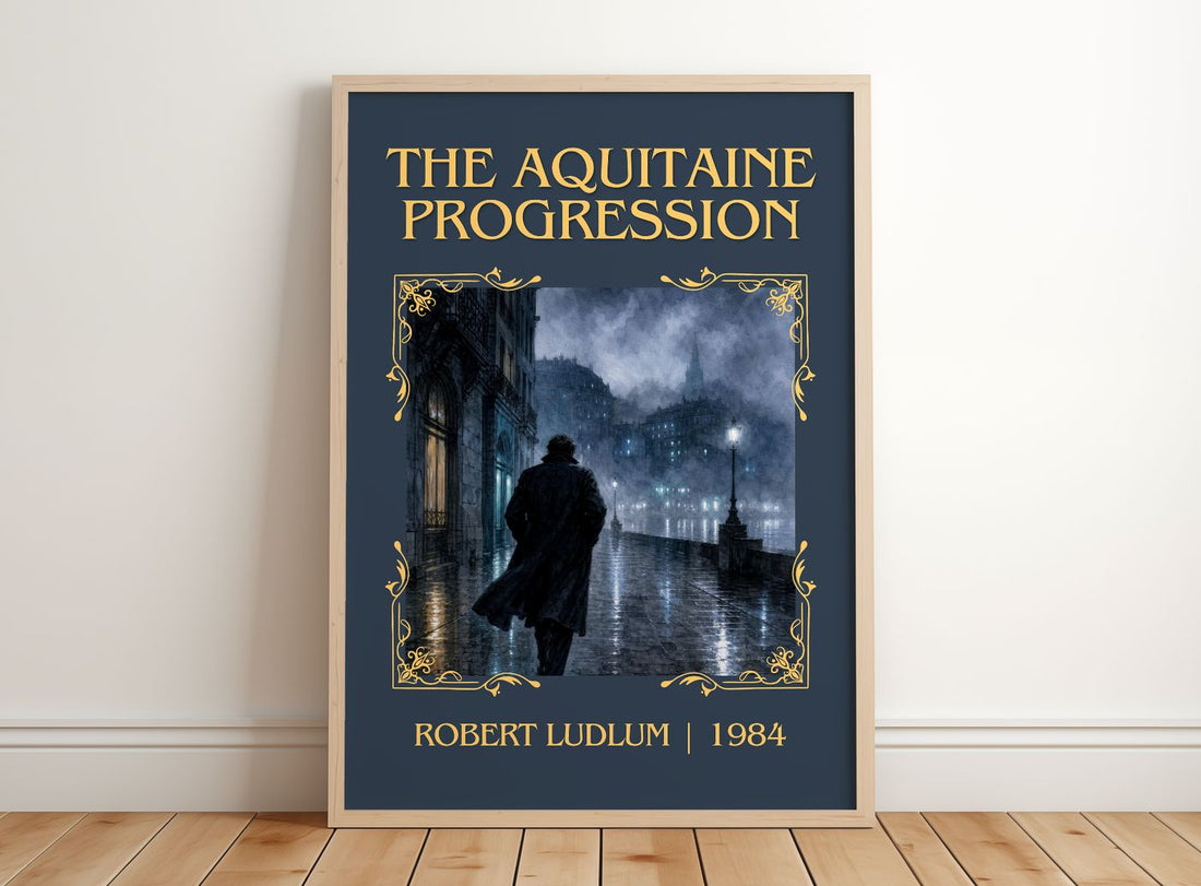 The Aquitaine Progression Classic Book Art Print by Robert Ludlum – framed print leaning on a wooden floor