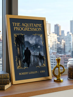 The Aquitaine Progression Classic Book Art Print by Robert Ludlum – framed print on a city-view windowsill