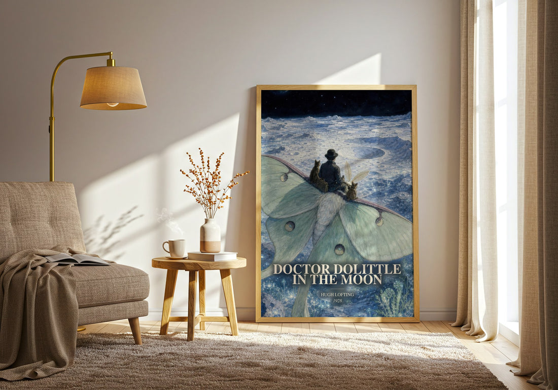 Doctor Dolittle In The Moon watercolour print in frame leaning in hallway – childrens wall art (mockup)