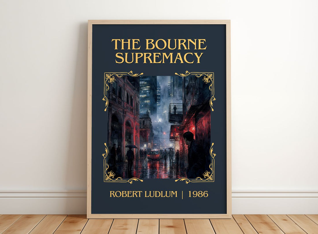 The Bourne Supremacy Classic Book Art Print by Robert Ludlum – framed print leaning on a wooden floor