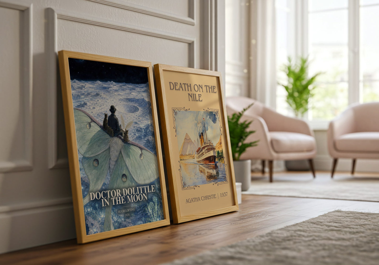 Doctor Dolittle In The Moon watercolour print framed by window – literary home decor
