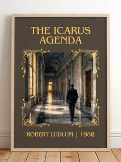 The Icarus Agenda Classic Book Art Print by Robert Ludlum – framed print leaning on a wooden floor