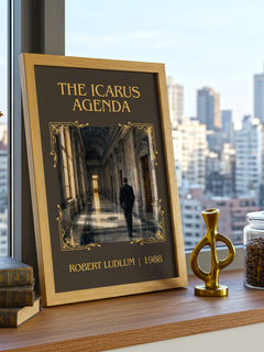 The Icarus Agenda Classic Book Art Print by Robert Ludlum – framed print on a city-view windowsill