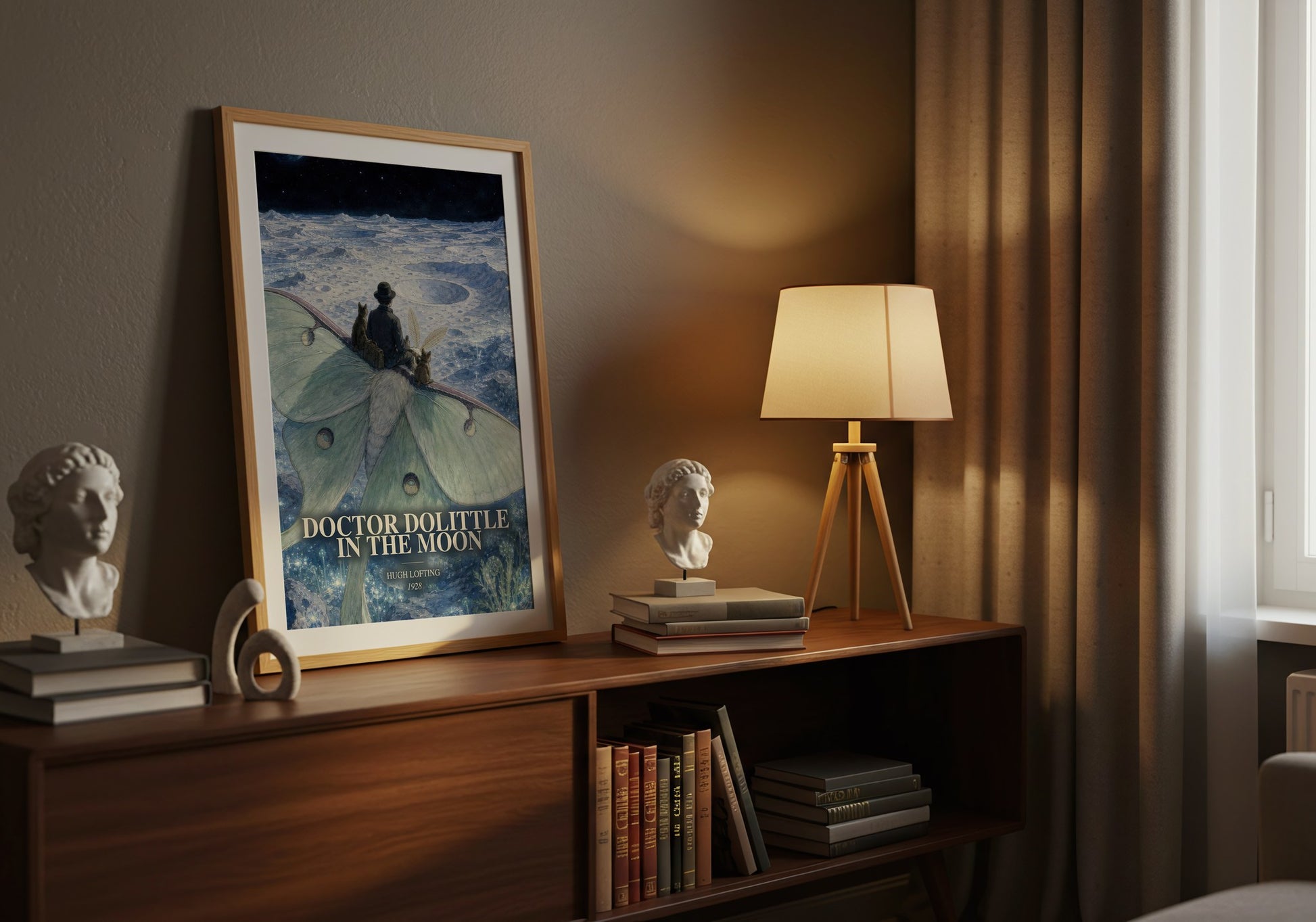 Doctor Dolittle In The Moon watercolour print on bookshelf – Hugh Lofting fan gift