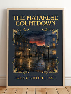 The Matarese Countdown Classic Book Art Print by Robert Ludlum – framed print leaning on a wooden floor