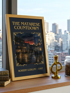 The Matarese Countdown Classic Book Art Print by Robert Ludlum – framed print on a city-view windowsill