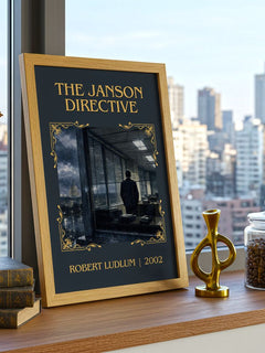The Janson Directive Classic Book Art Print by Robert Ludlum – framed print on a city-view windowsill