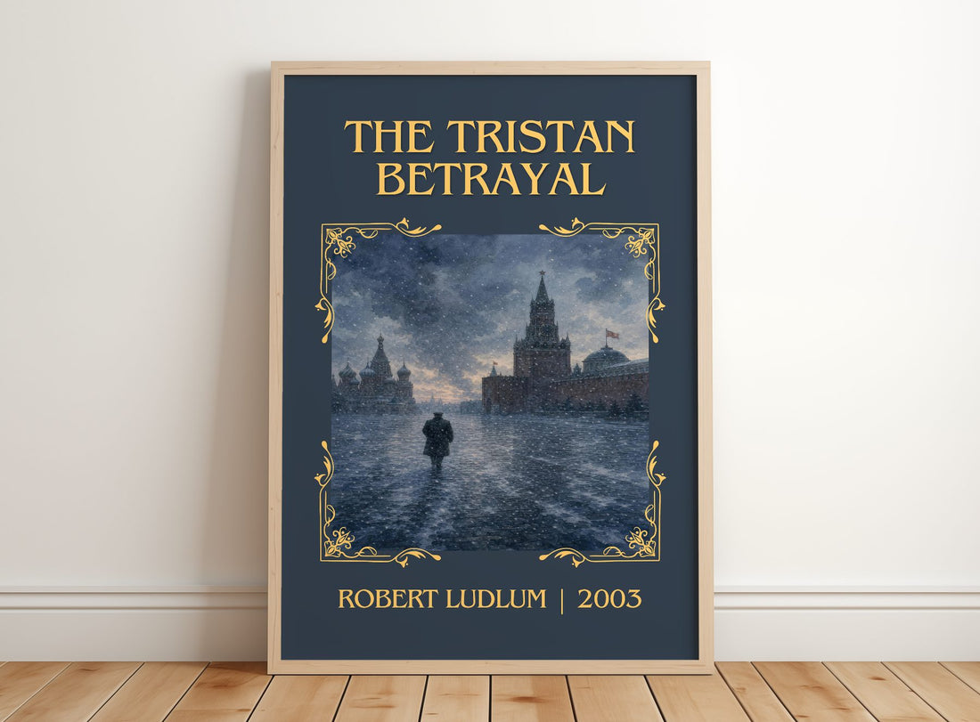 The Tristan Betrayal Classic Book Art Print by Robert Ludlum – framed print leaning on a wooden floor