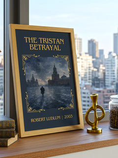 The Tristan Betrayal Classic Book Art Print by Robert Ludlum – framed print on a city-view windowsill