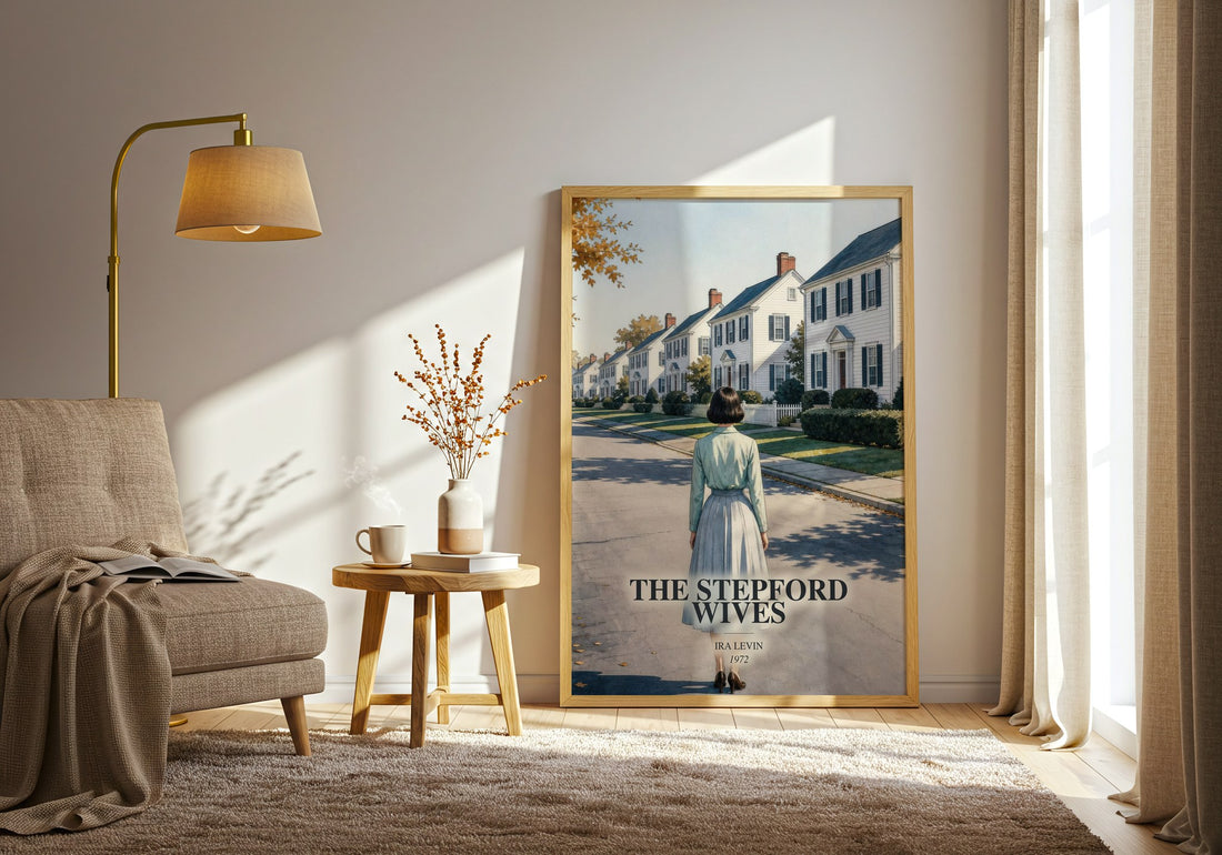 The Stepford Wives watercolour print in frame leaning in hallway – horror wall art (mockup)