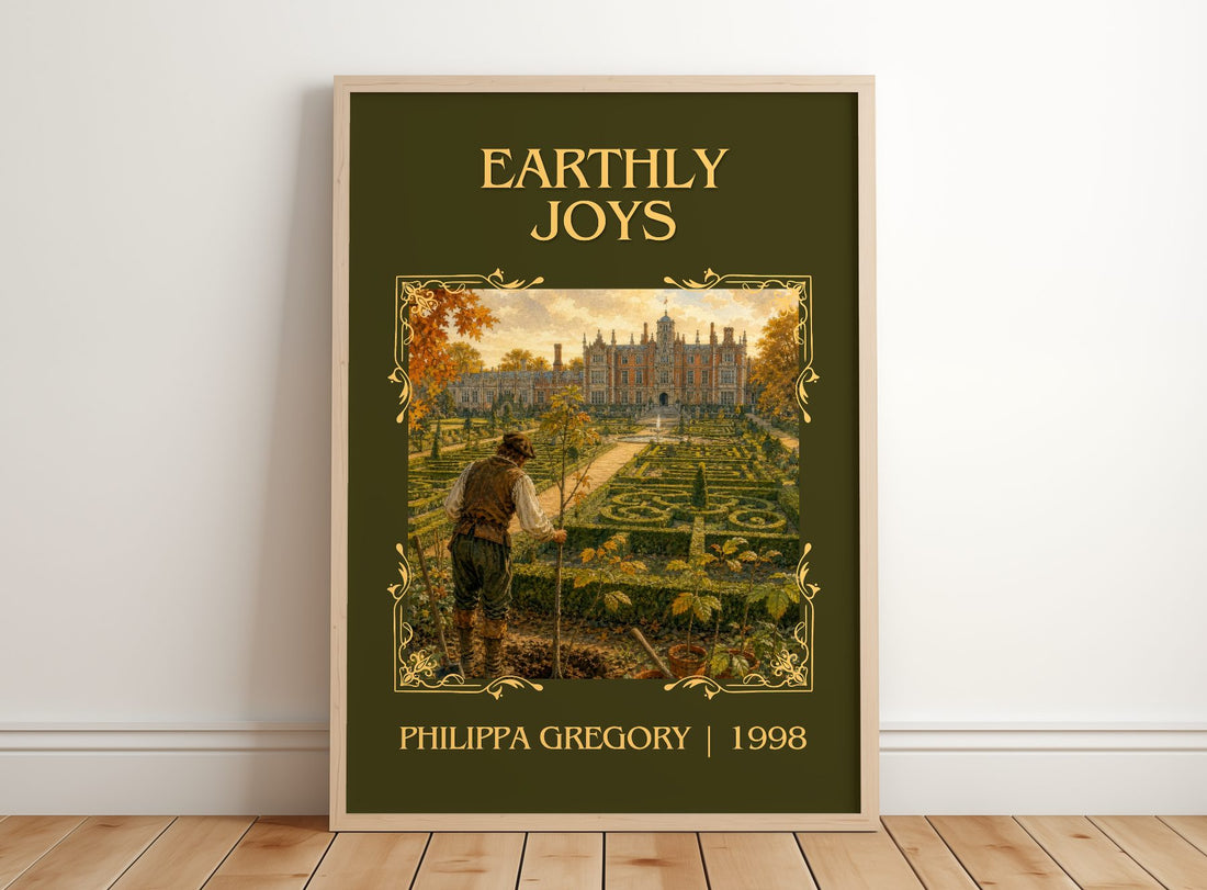 Earthly Joys Classic Book Art Print by Philippa Gregory – framed print leaning on a wooden floor