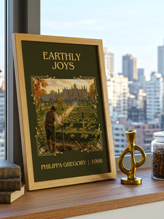 Earthly Joys Classic Book Art Print by Philippa Gregory – framed print on a city-view windowsill
