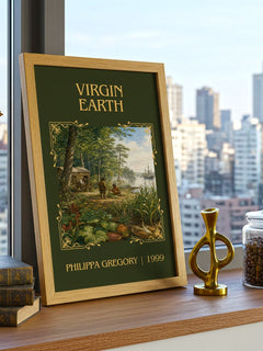 Virgin Earth Classic Book Art Print by Philippa Gregory – framed print on a city-view windowsill